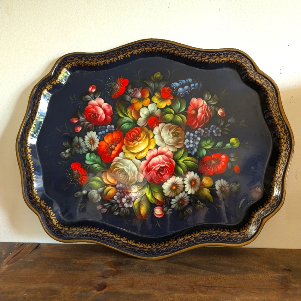 Russia Vintage Hand Painted Flowers Serving Tray translation Zhostovo gems (5)